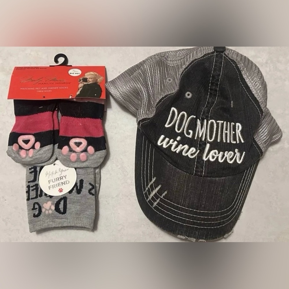 Dog Mother Wine Lover Cap and Furry Friend  & Person Socks Set new